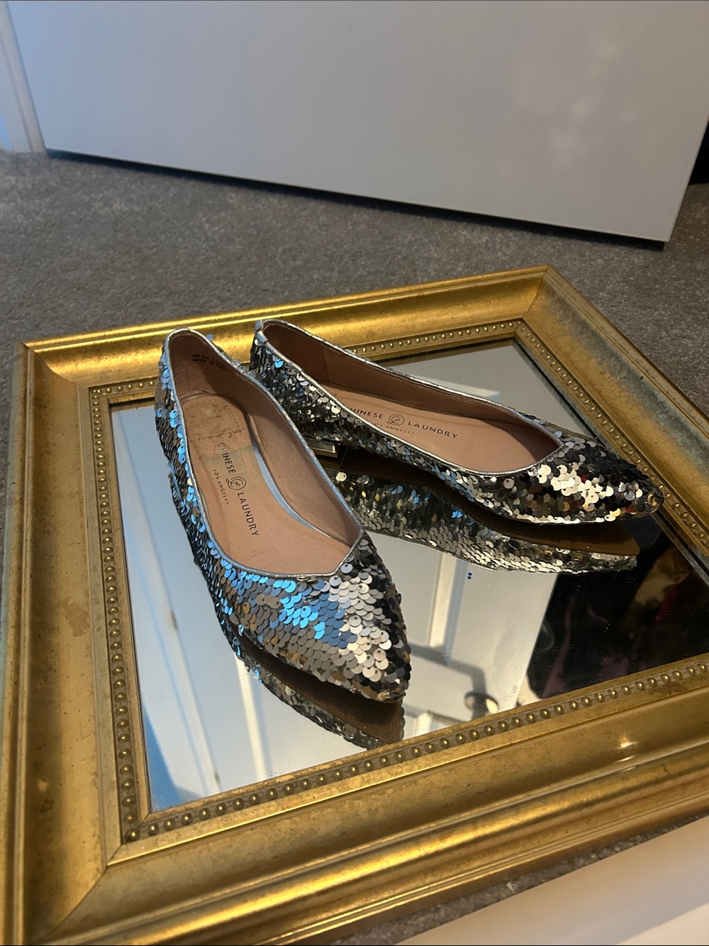 Chinese Laundry Silver Sequin Pointed Ballet Flats